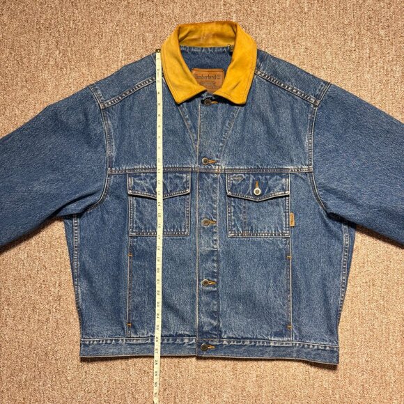 Vintage Timberland Classic Blue Denim Jacket Tam Leather Collar Weathergear Jean - Picture 5 of 13